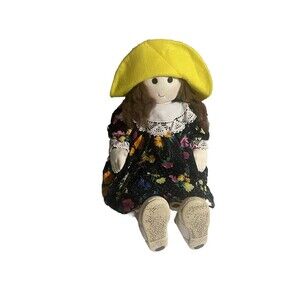 Vintage Rag Doll  20 inch  Spring Yellow Hat Multi Colored Dress RARE